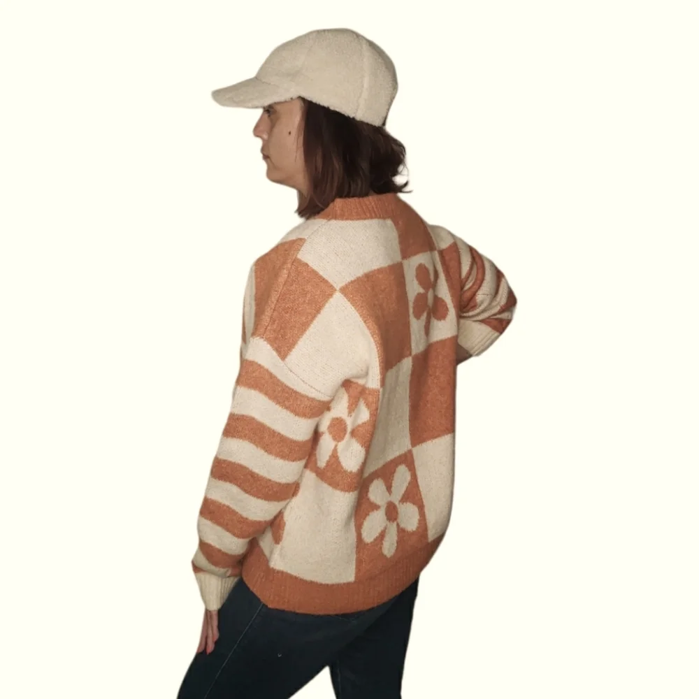 Entro Crew Neck Sweater Checkerboard Stripe Orange Cream Retro Hippie Boho